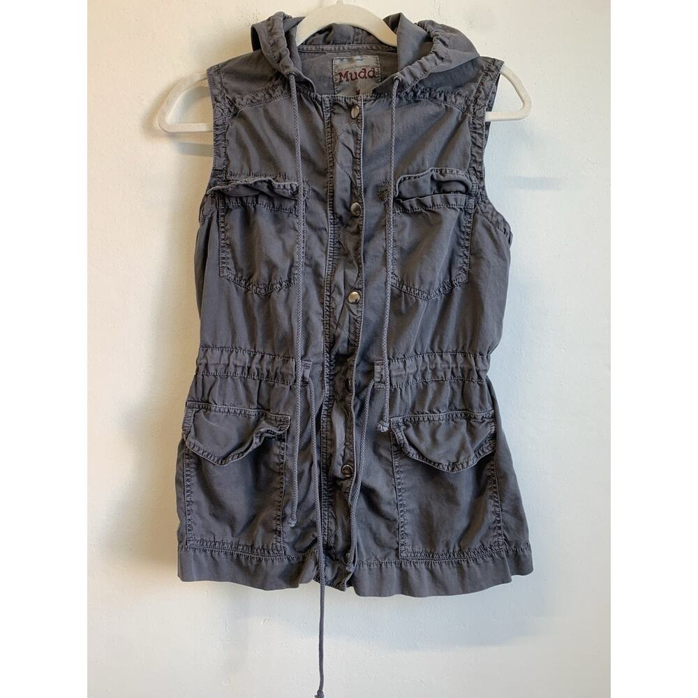MUDD Women’s Vest Utility Full Zip Snap Hooded Cargo Washed Gray Size Medium